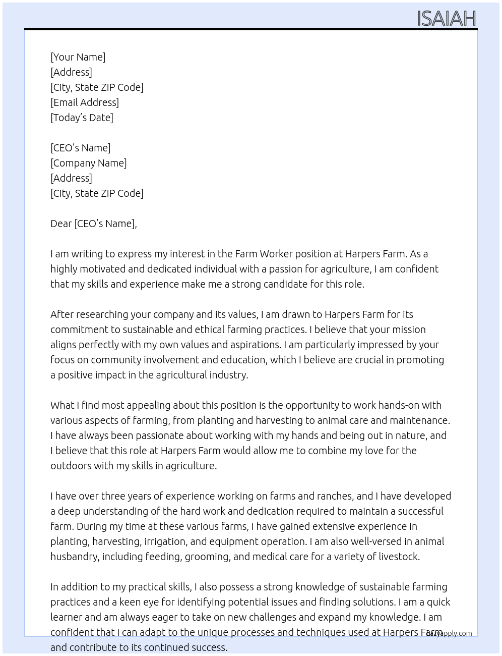 Farm worker At Harpers Farm Cover Letter