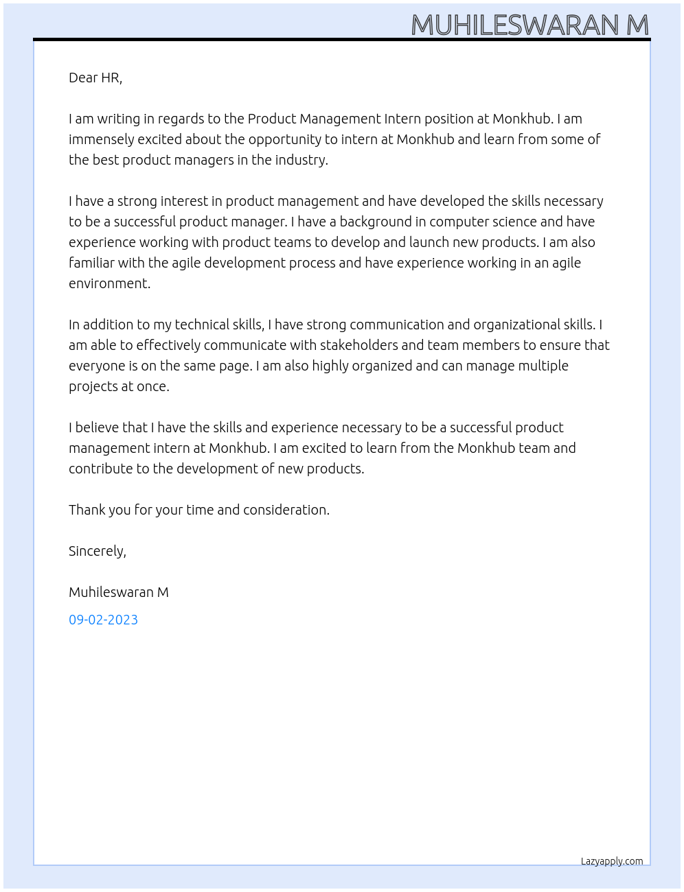 product management intern At Monkhub Cover Letter
