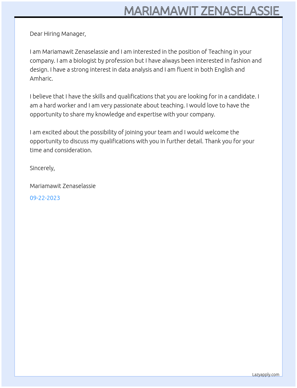 Teaching At Food and Beverages Cover Letter