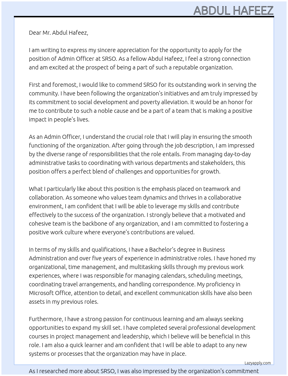 ADmin Officer At SRSO Cover Letter