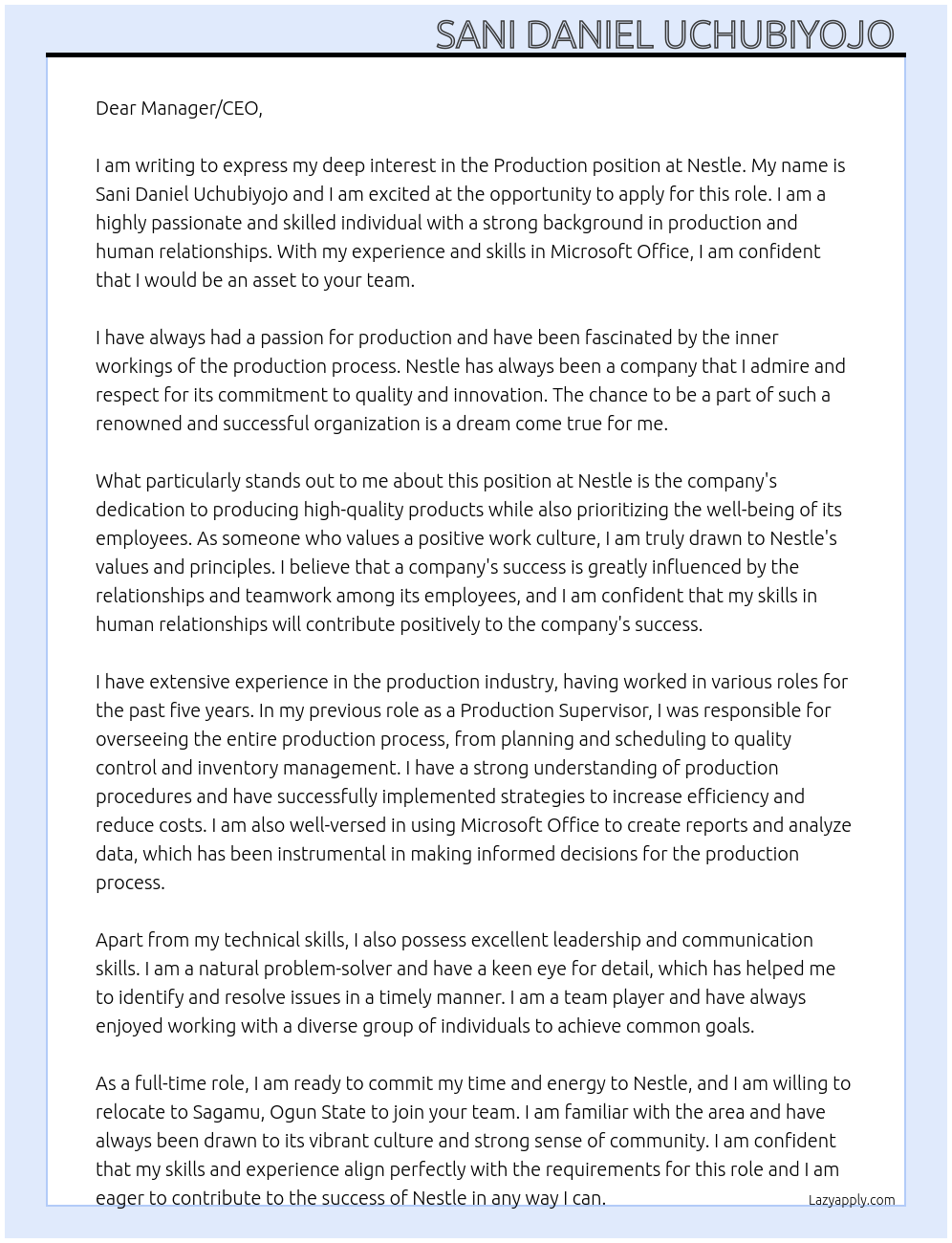 Production  At Nestle  Cover Letter