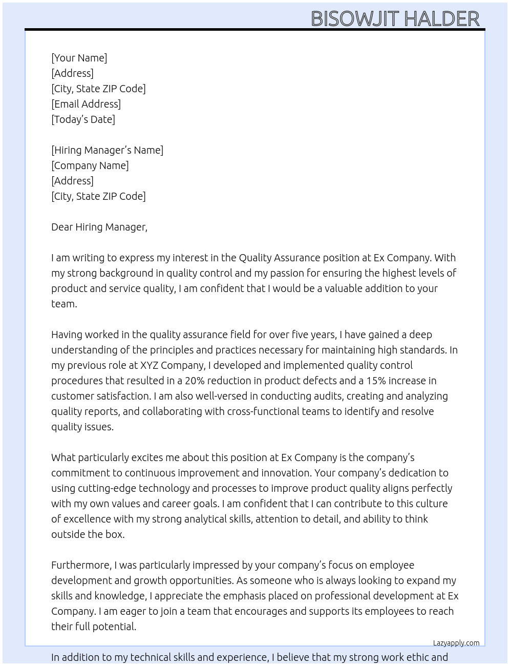 Quality Assurance  At Ex company  Cover Letter