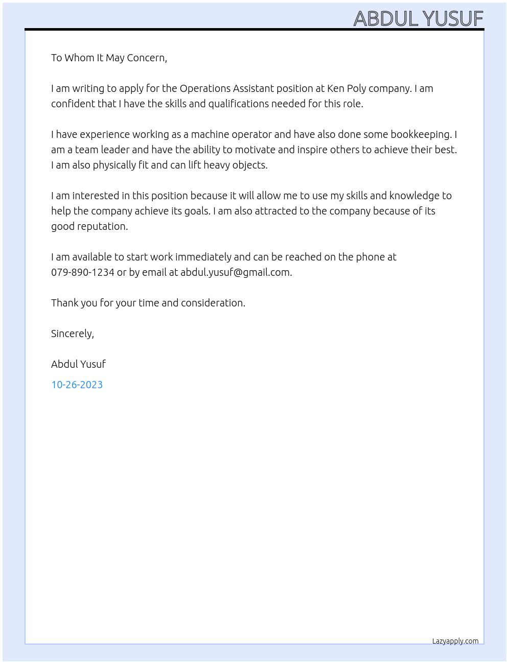 Operations assistant  At Abdul Yusuf Cover Letter