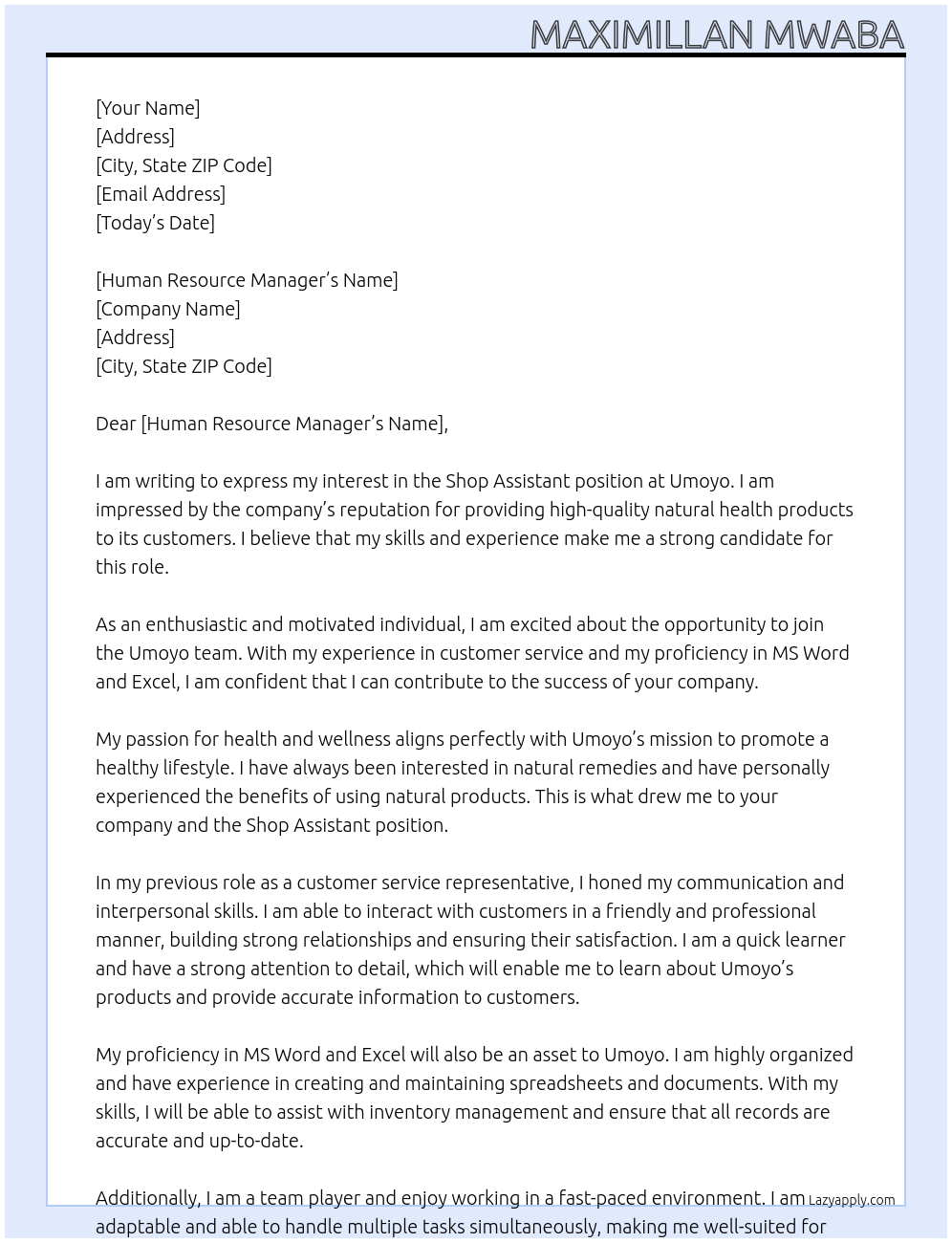 Shop assistant  At Umoyo Cover Letter