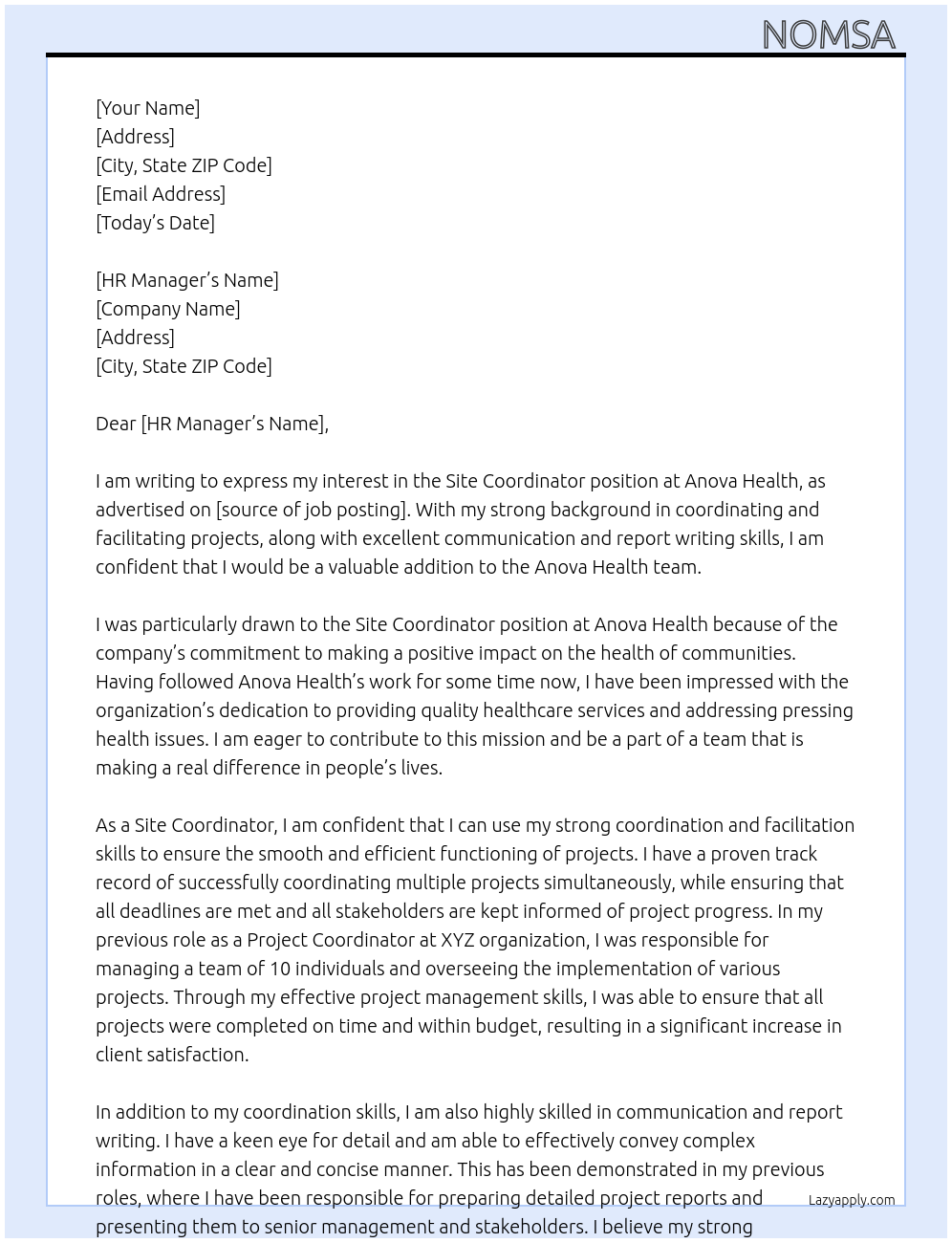 Site Coordinator At Anova Health Cover Letter