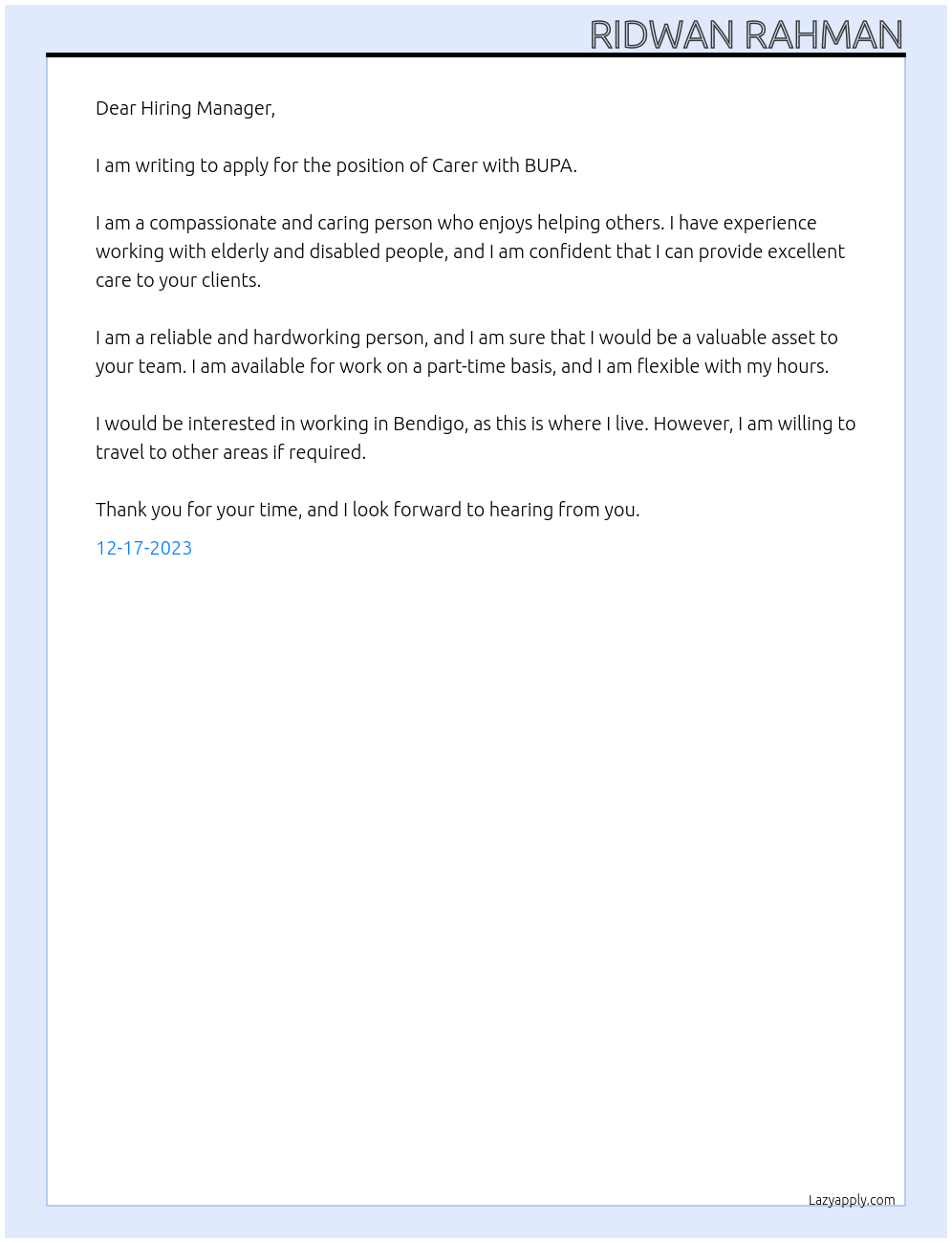 Carer At BUPA Cover Letter