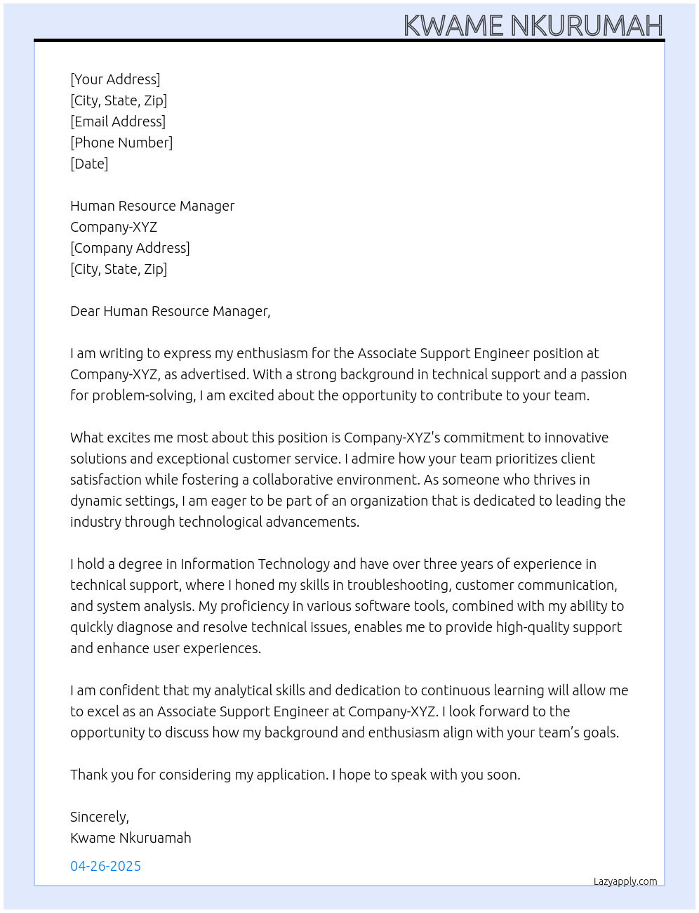 Cover letter for associate support engineer - LazyApply