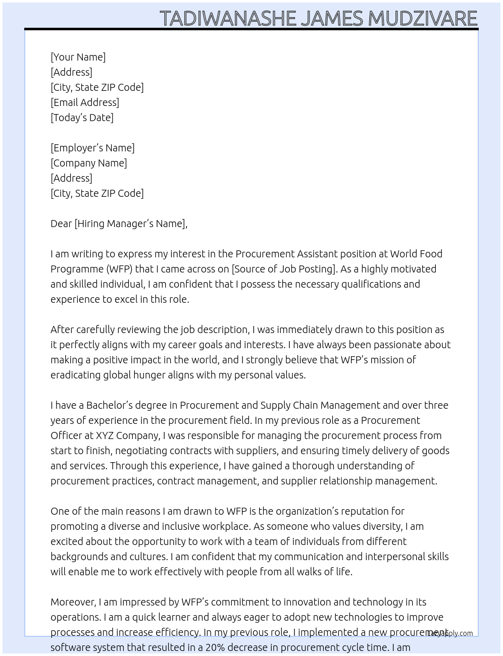 Procurement Assistant  At World Food Programme (WFP) Cover Letter