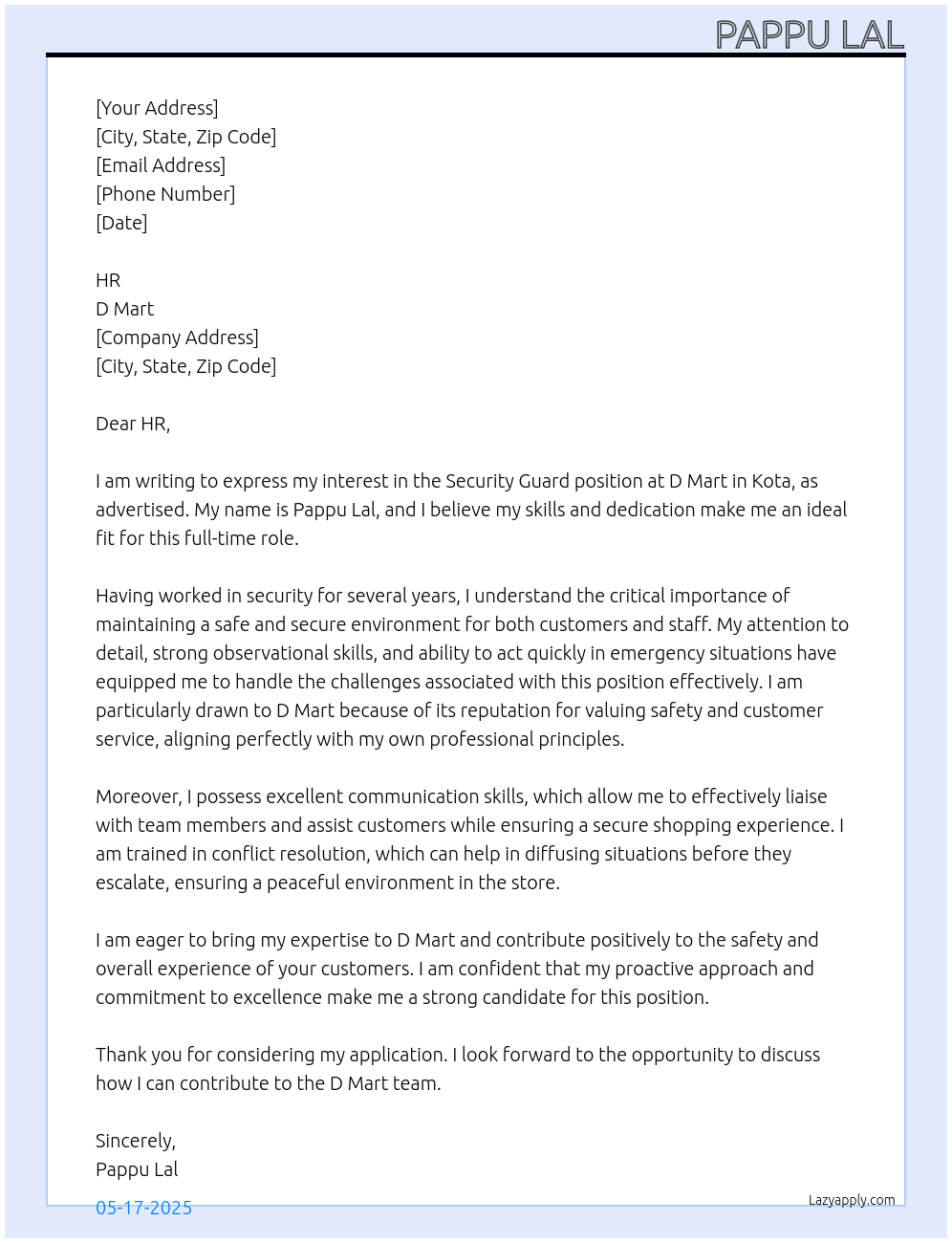 Security guard At D mart Cover Letter