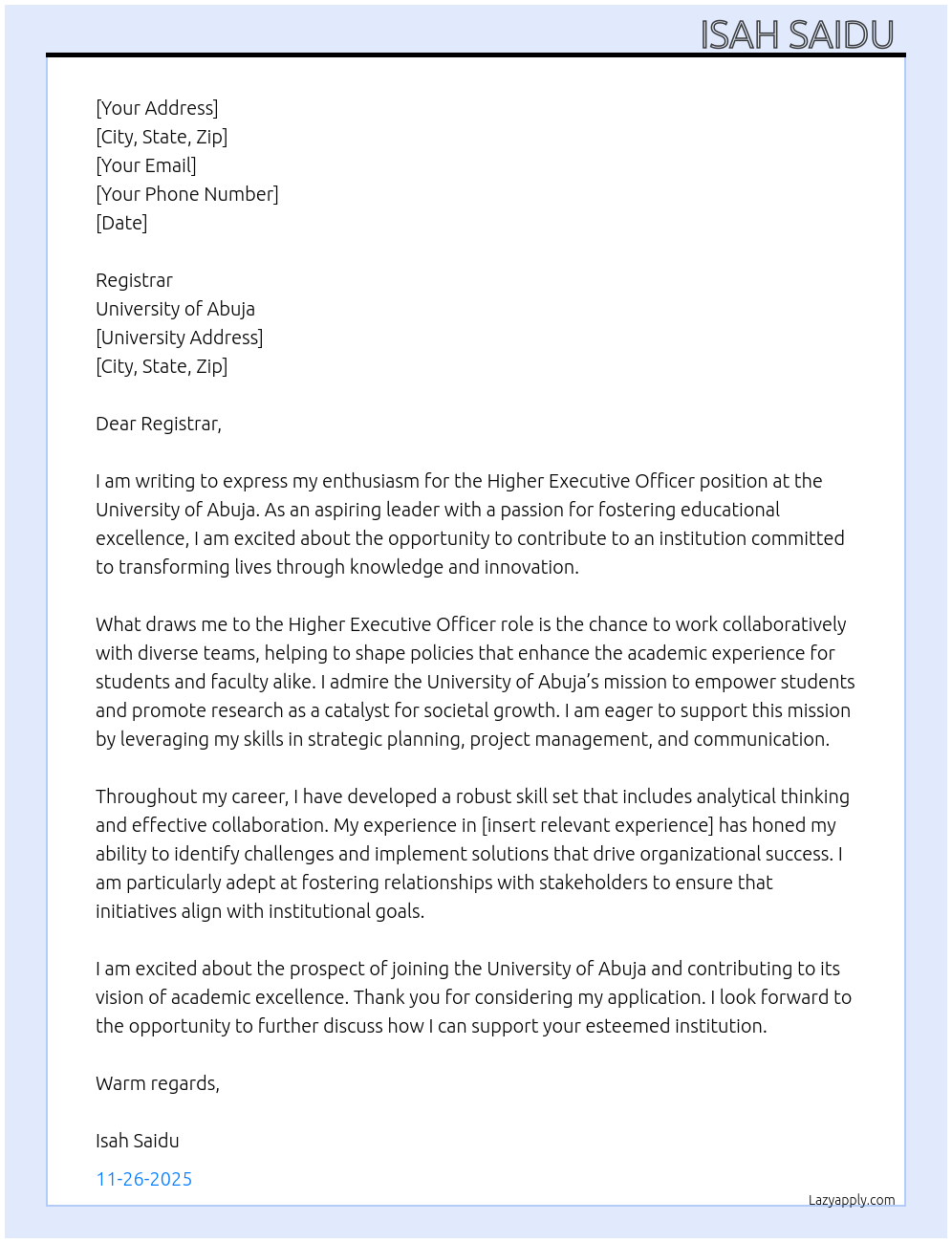 Higher executive officer At University of Abuja Cover Letter