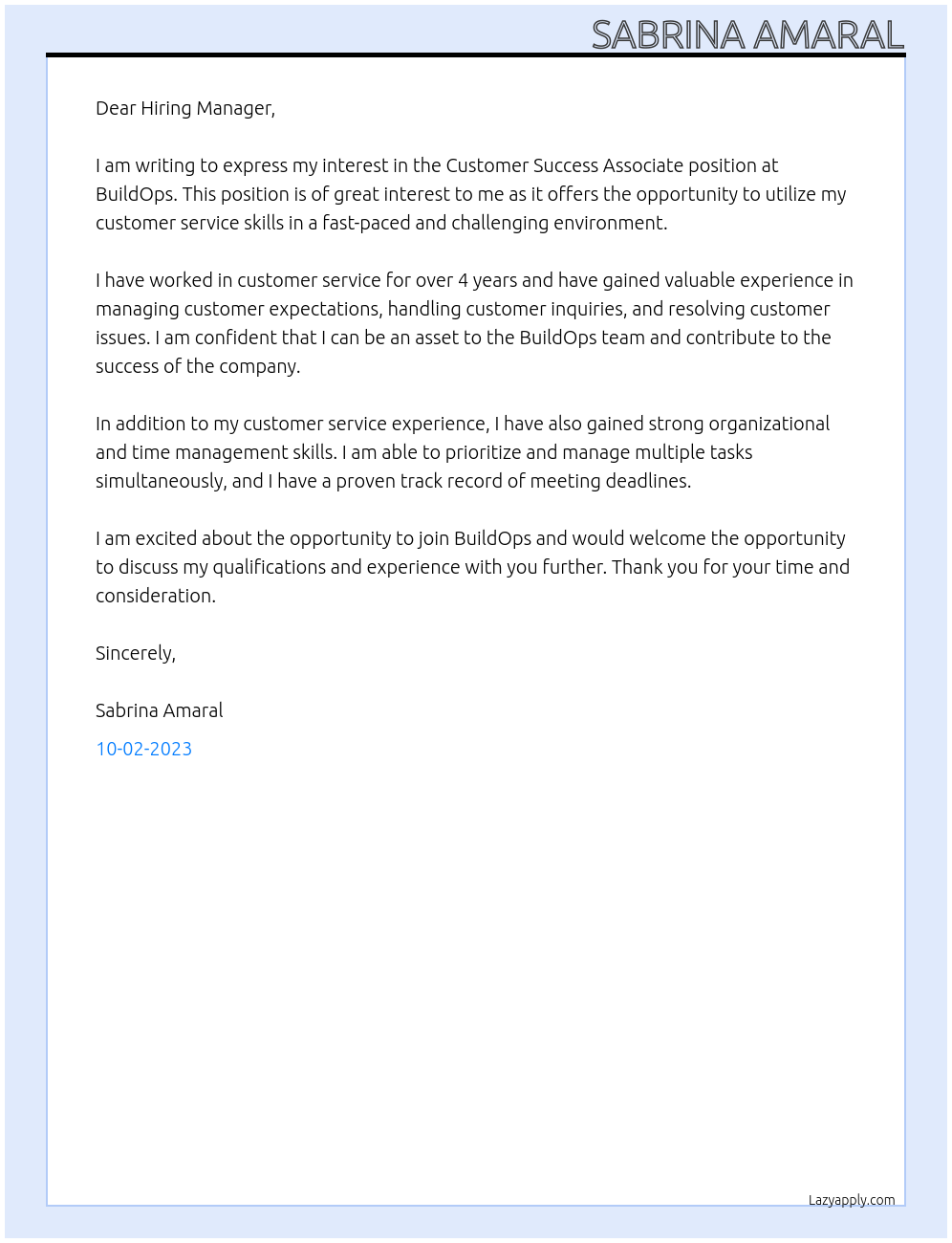 Customer Success Associate At BuildOps Cover Letter