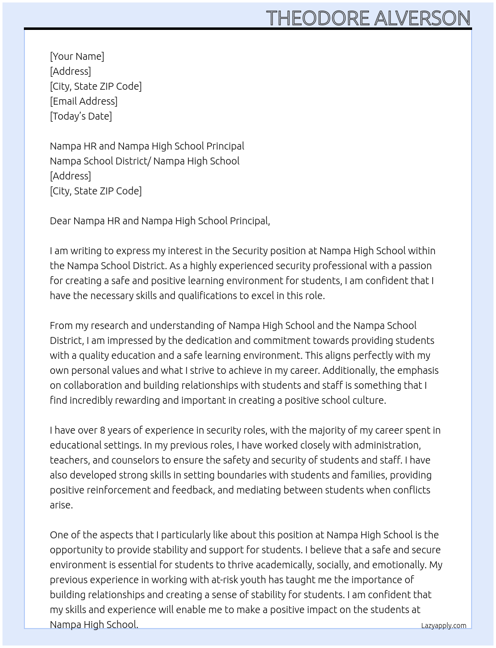 Security  At Nampa School District/ Nampa High School  Cover Letter