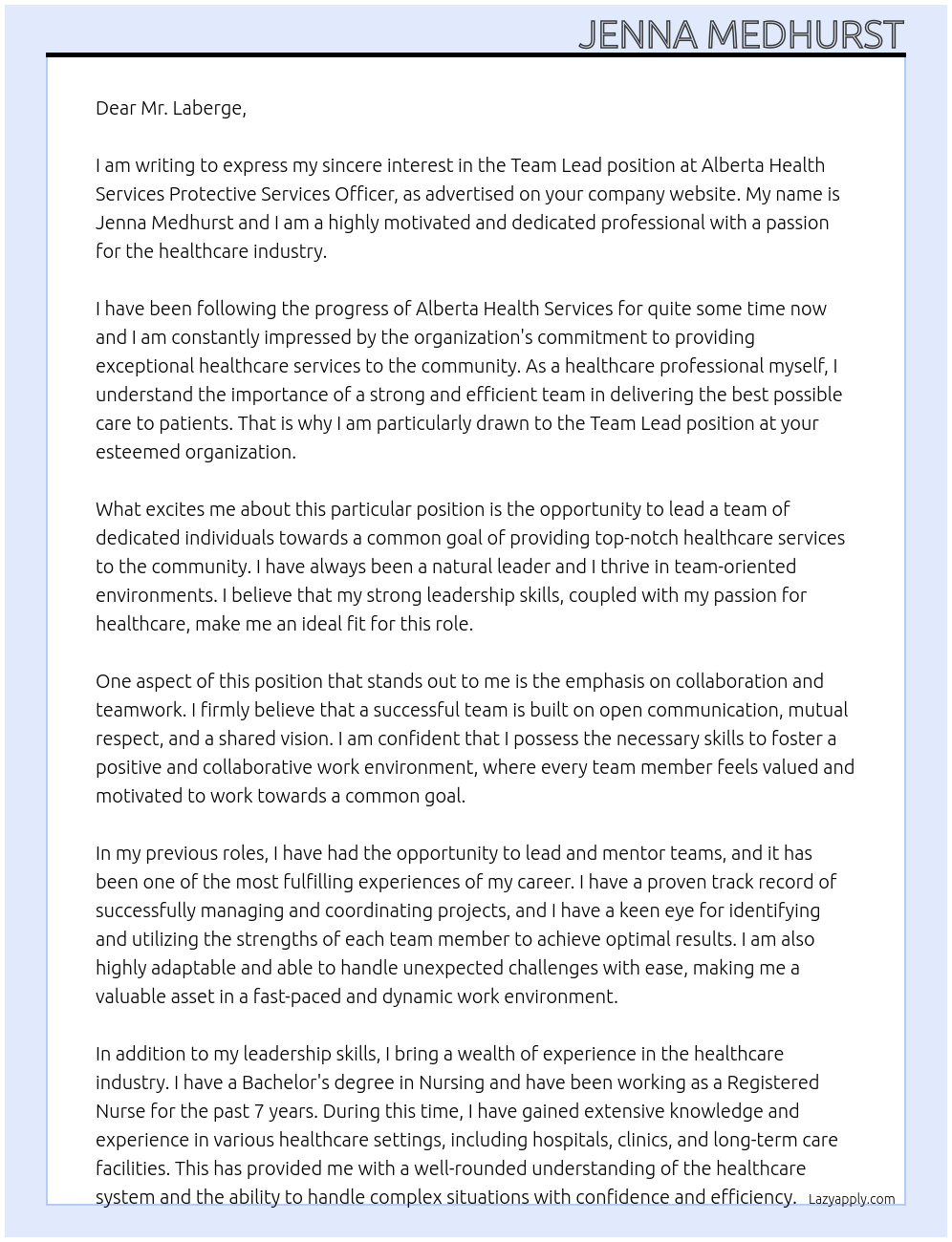 Team Lead At Alberta Health Service Protective Services Officer Cover Letter