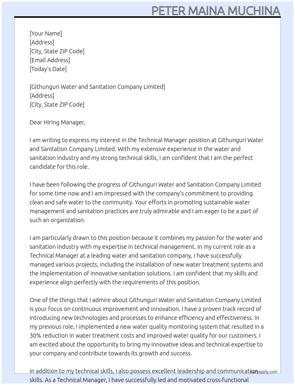 technical manager At Peter Maina Muchina Cover Letter