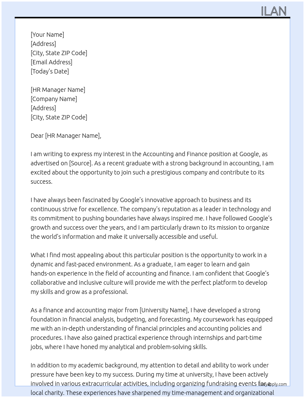 Accounting and finance  At Google  Cover Letter