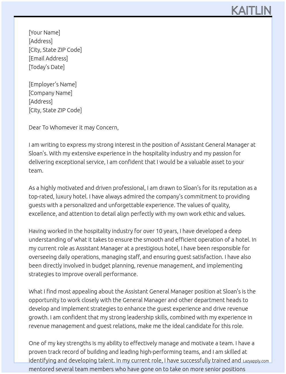 Assistant General Manager At Sloan's Cover Letter