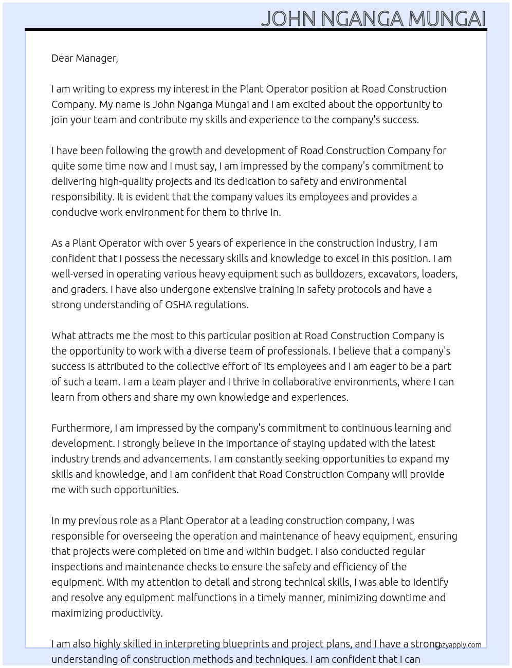 Plant operator At Road construction company Cover Letter