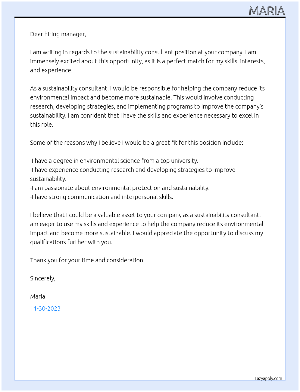 sustainability consultant At ssss Cover Letter