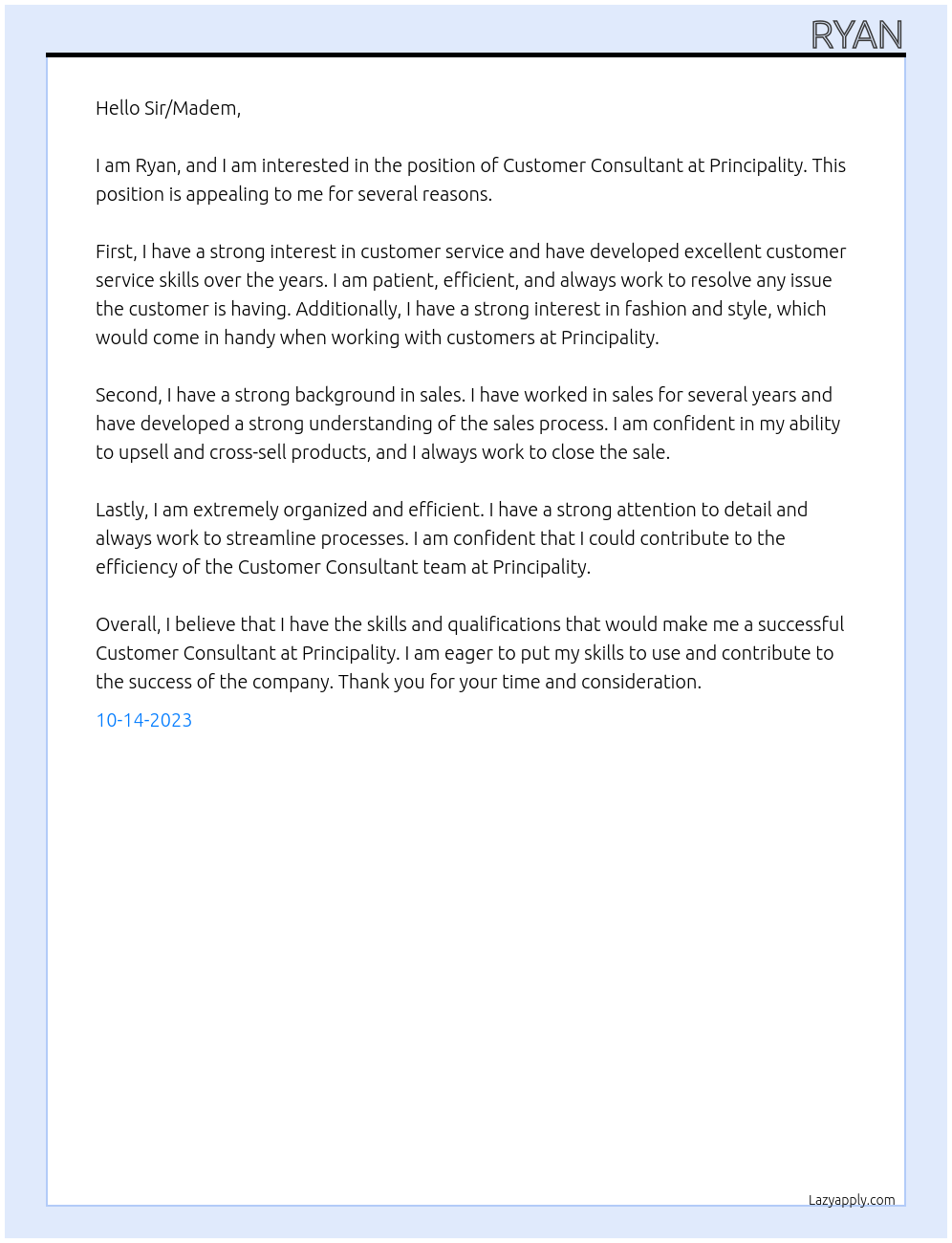 Customer Consultant At Principality Cover Letter