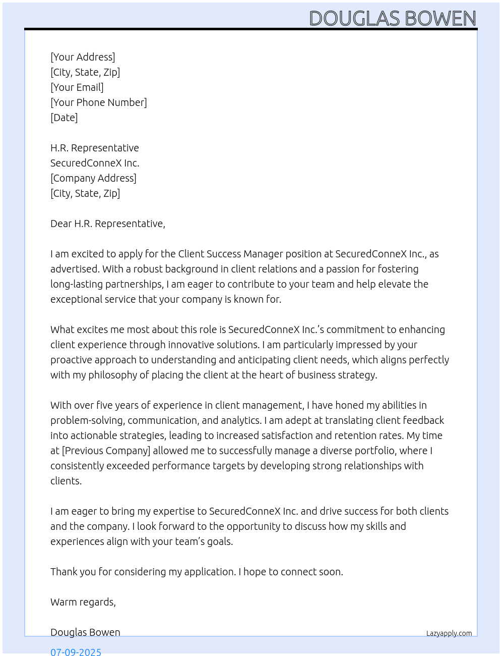 Cover letter for client success manager - LazyApply