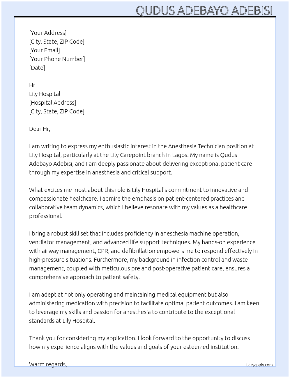 Cover letter for anesthesia technician - LazyApply