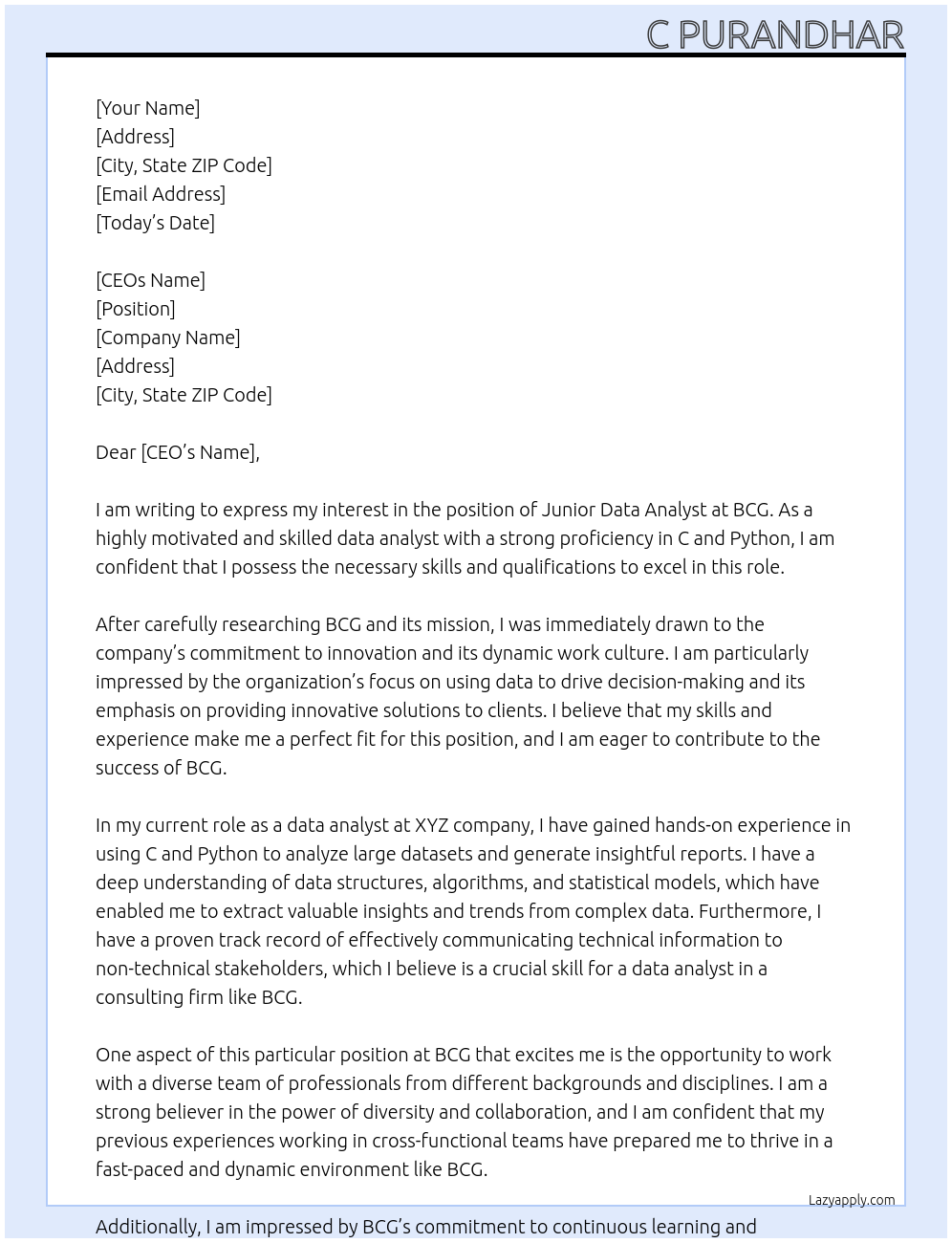 Junior data analyst At BCG Cover Letter