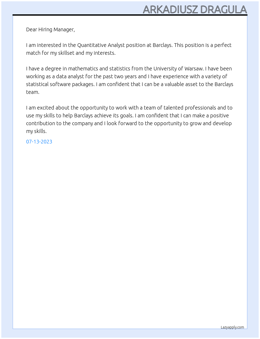 Quantitative Analyst At Barclays Cover Letter