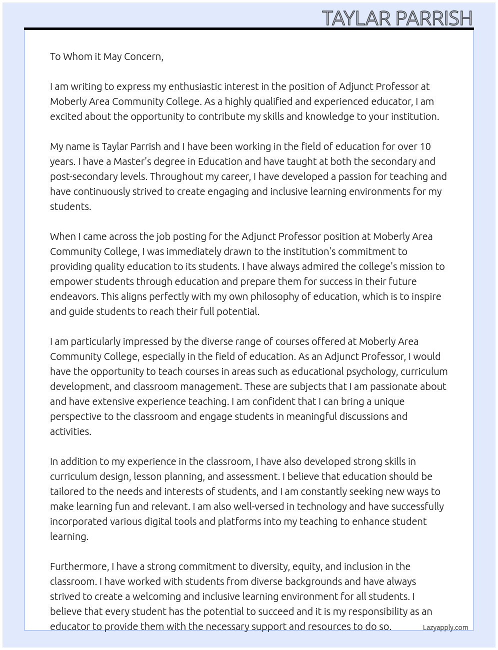 Adjunct Professor At Moberly Area Community College Cover Letter
