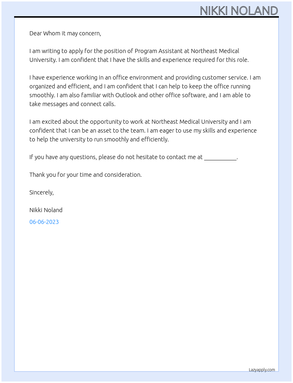 Program Assistant At Northeast Medical University Cover Letter