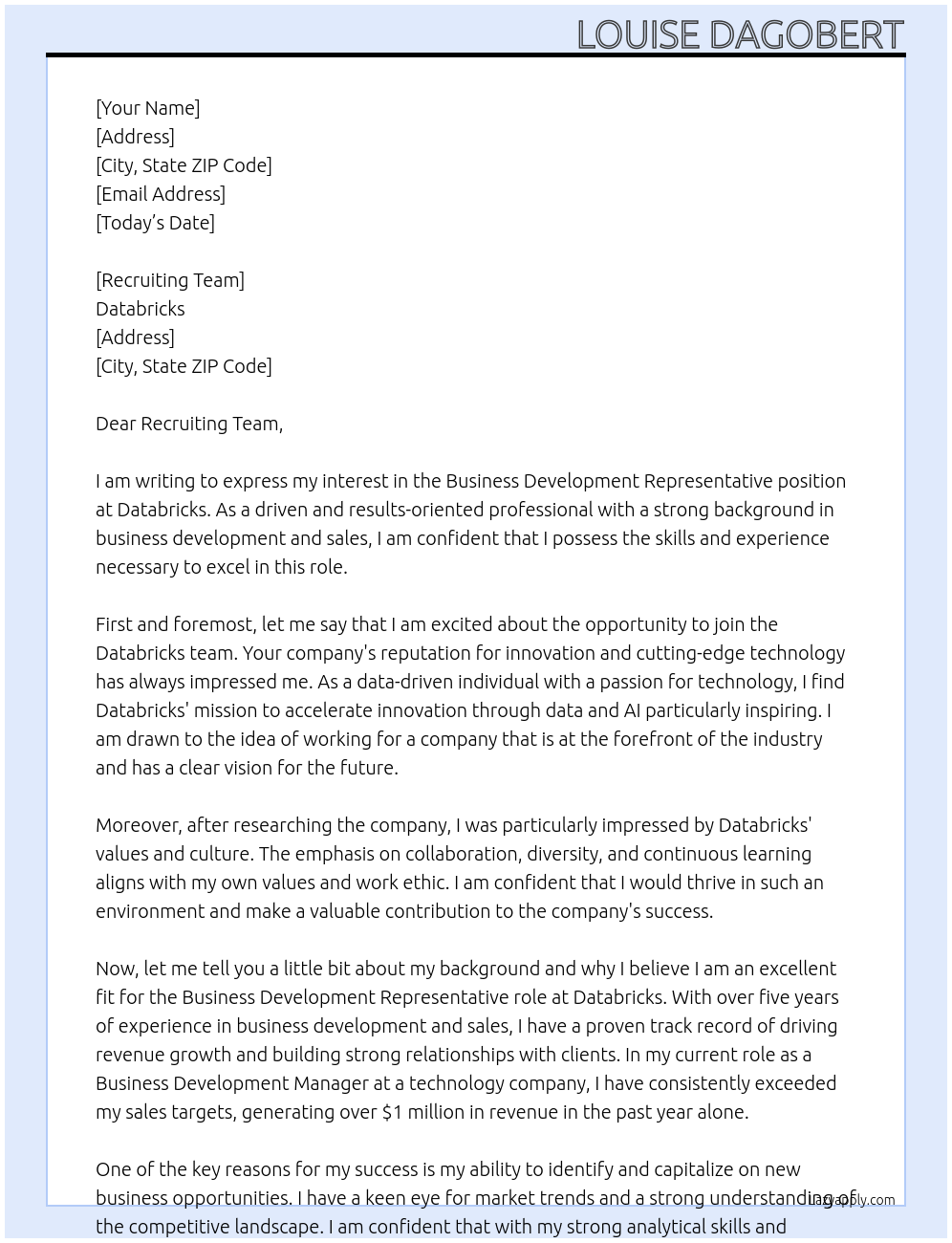 Business Development Representative At Databricks Cover Letter