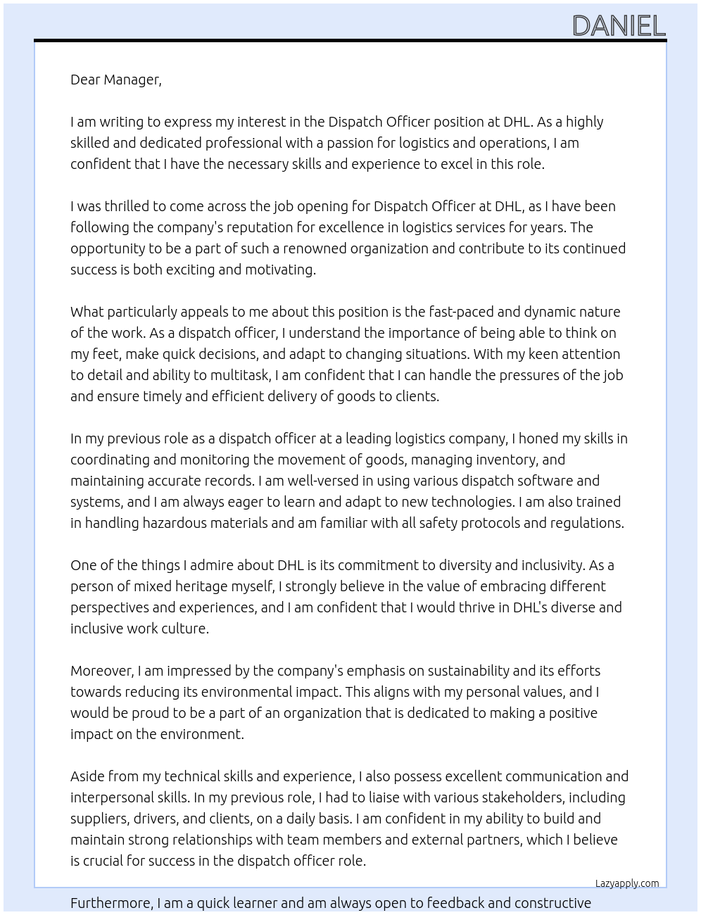 Dispatch officer At Dhl Cover Letter