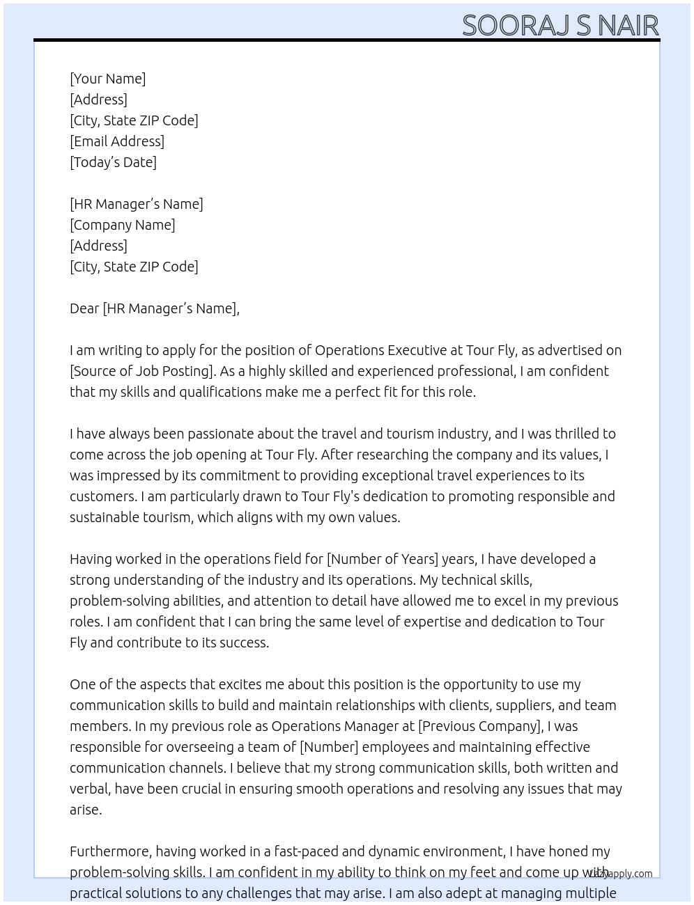 Operations executive At Tour fly Cover Letter