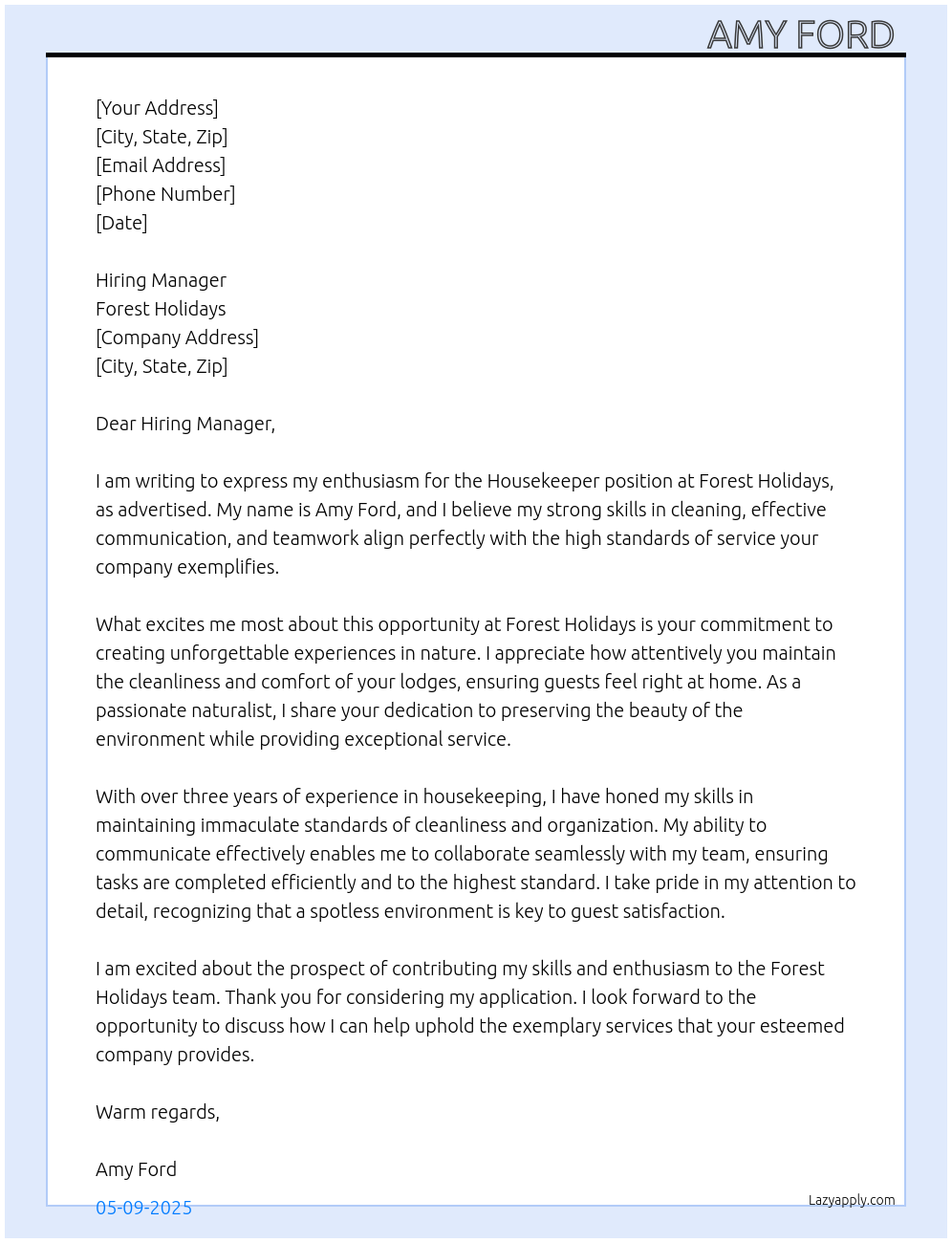 Housekeeper At Forest holidays Cover Letter