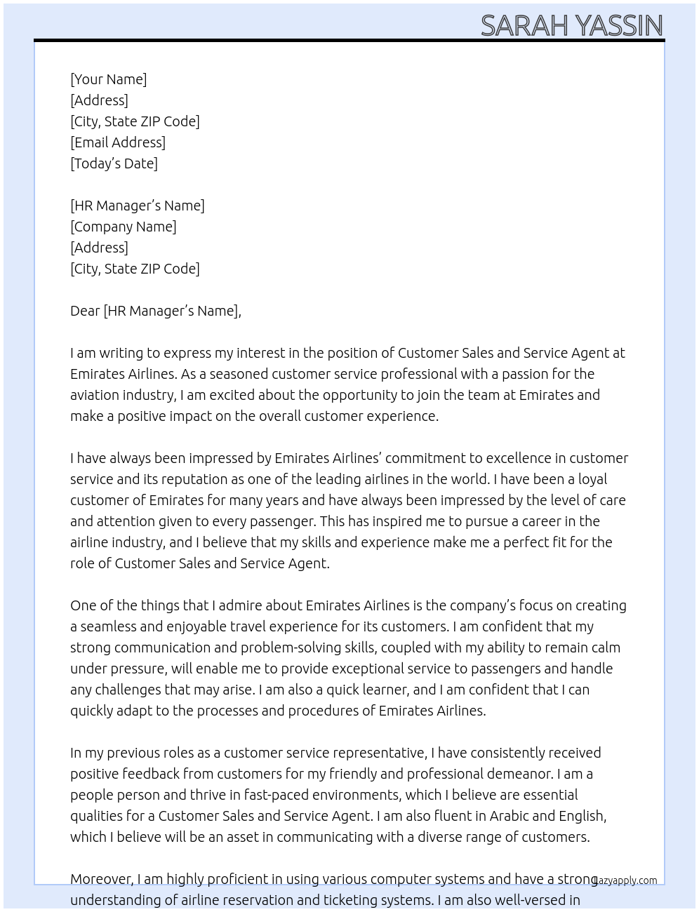 CUSTOMER SALES AND SERVICE AGENT At Emirates airlines Cover Letter