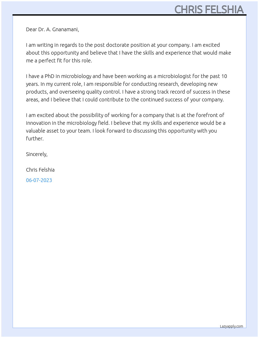 post doctorate  At microbiology scientist  Cover Letter