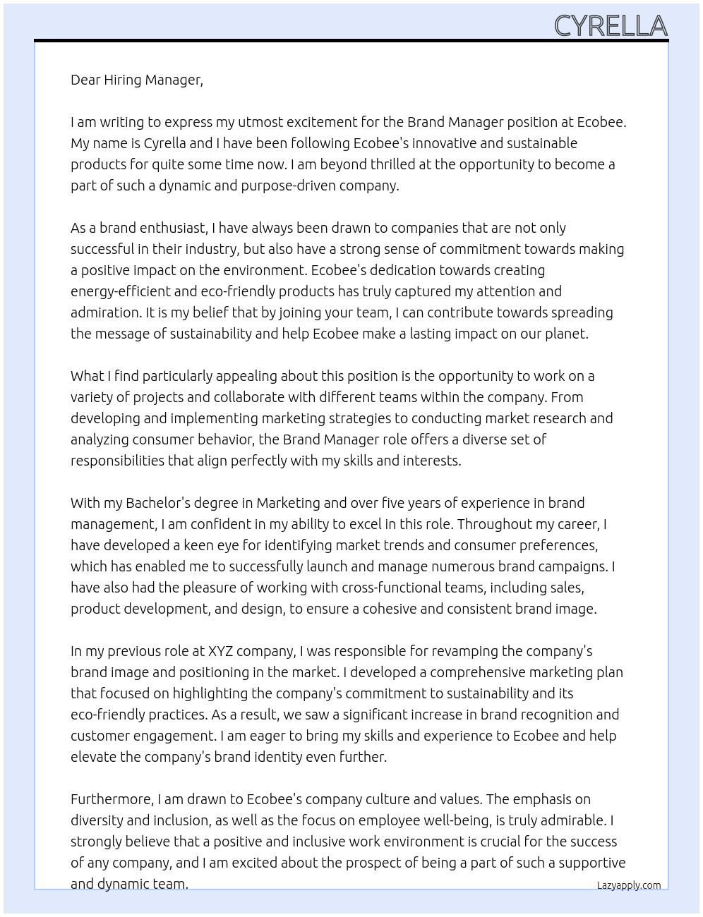 Brand Manager At Ecobee Cover Letter