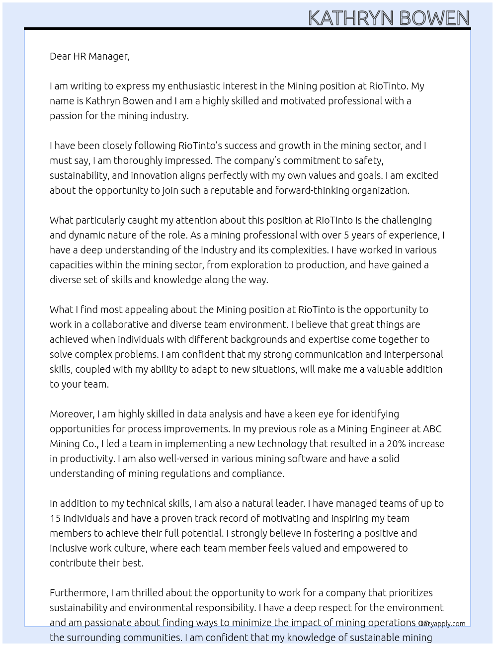 Mining At RioTinto Cover Letter