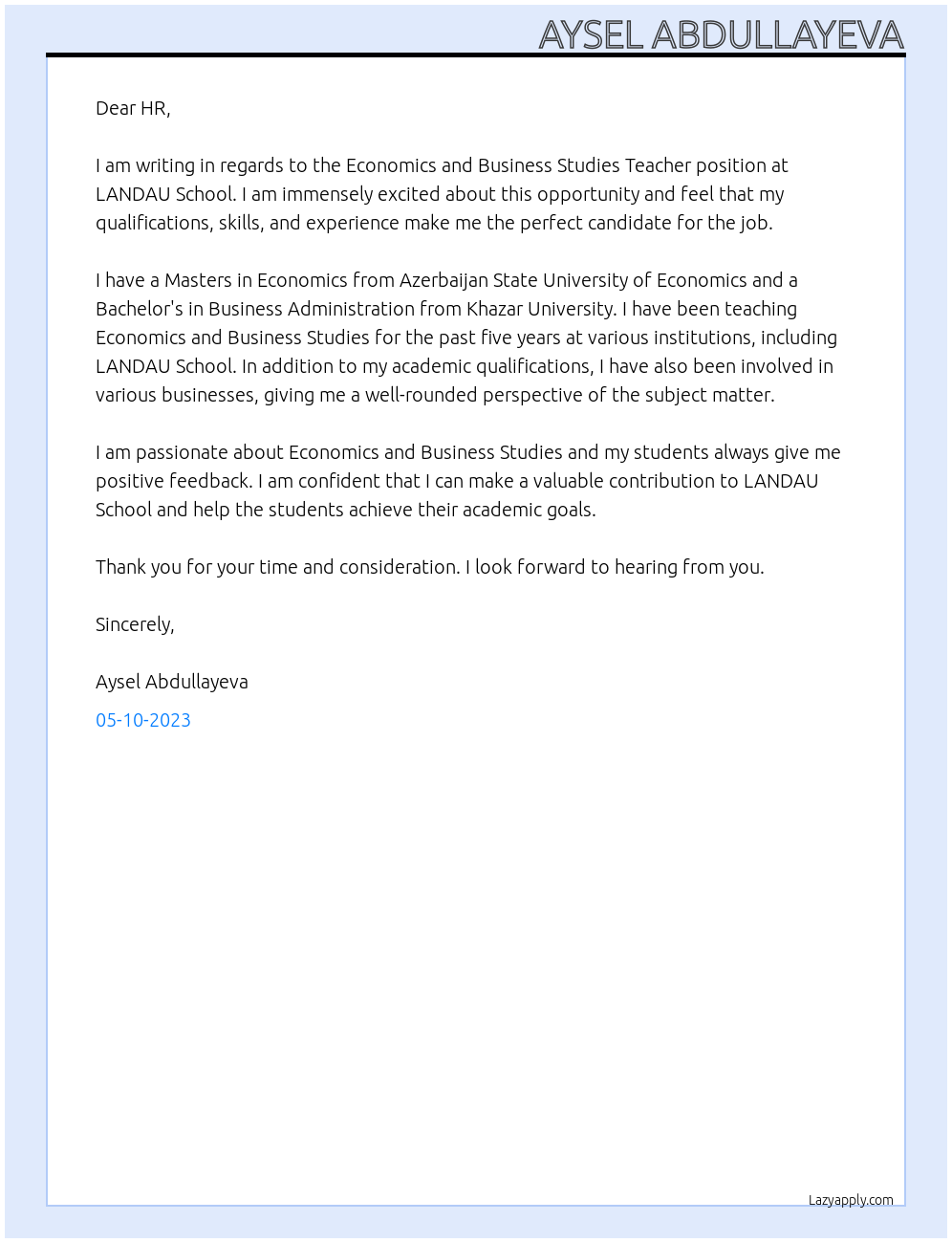 Economics and Business Studies Teacher At LANDAU School Cover Letter