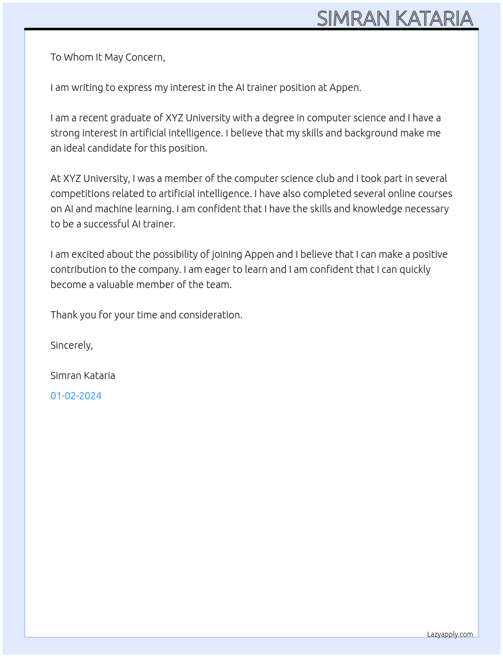 AI trainer At Appen Cover Letter