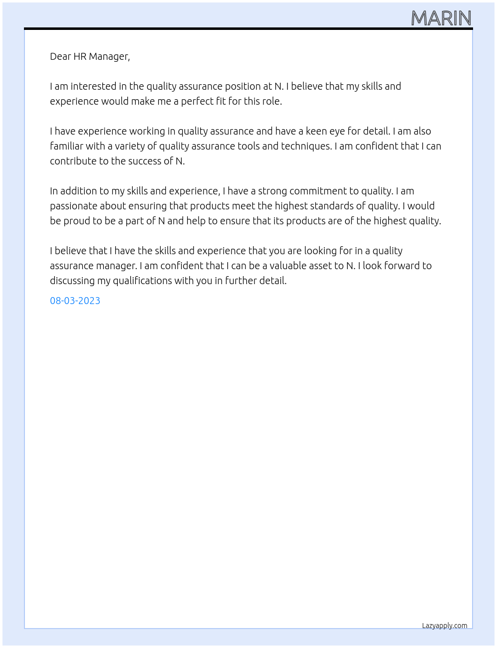 Quality assurance At N Cover Letter