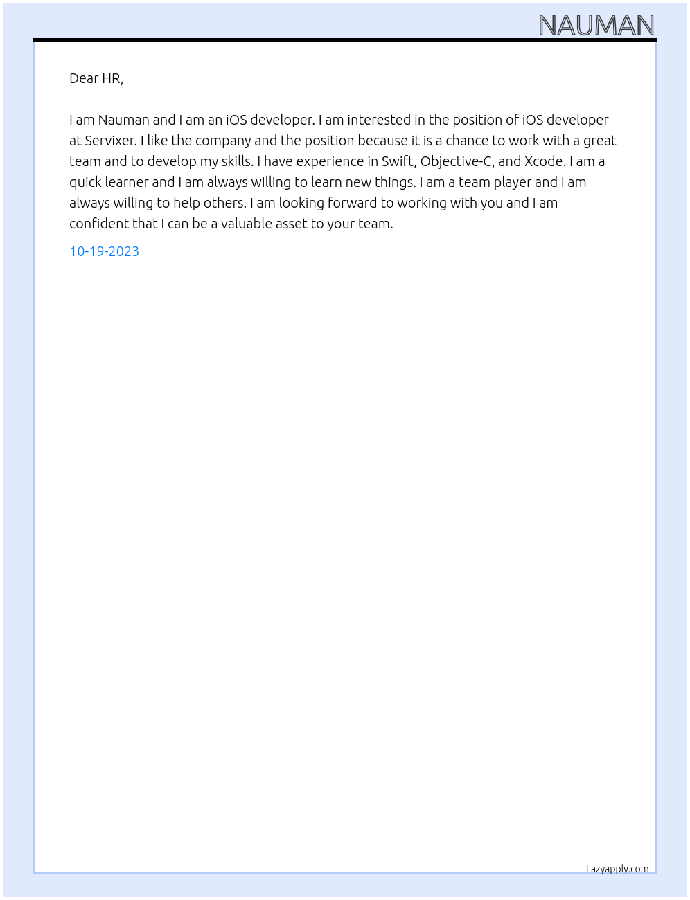 ios developer At servixer Cover Letter