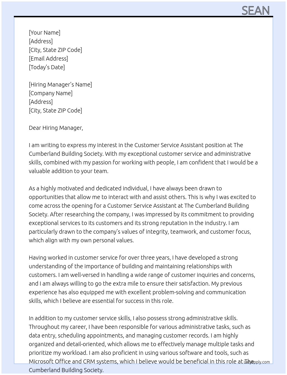 Customer Service Assistant At The Cumberland Building Society Cover Letter