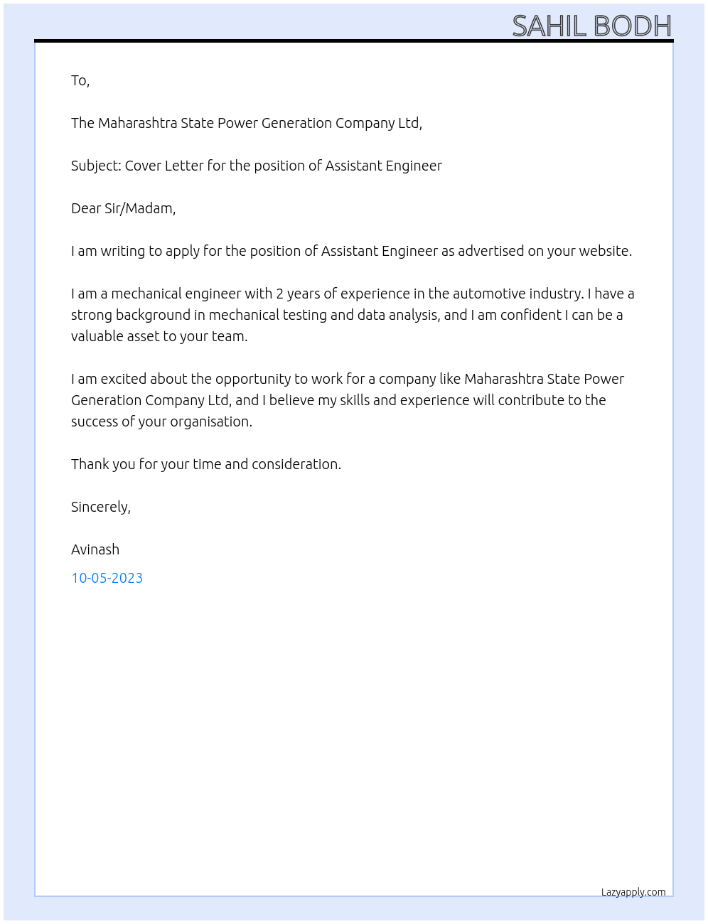 Assistant engineer At Maharashtra State Power Generation Company ltd Cover Letter