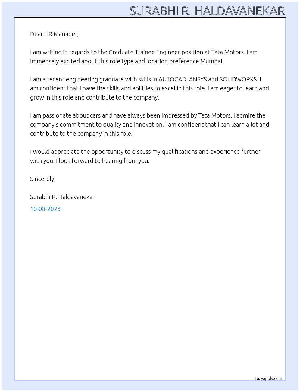 GRADUATE TRAINEE ENGINEER At TATA MOTORS Cover Letter