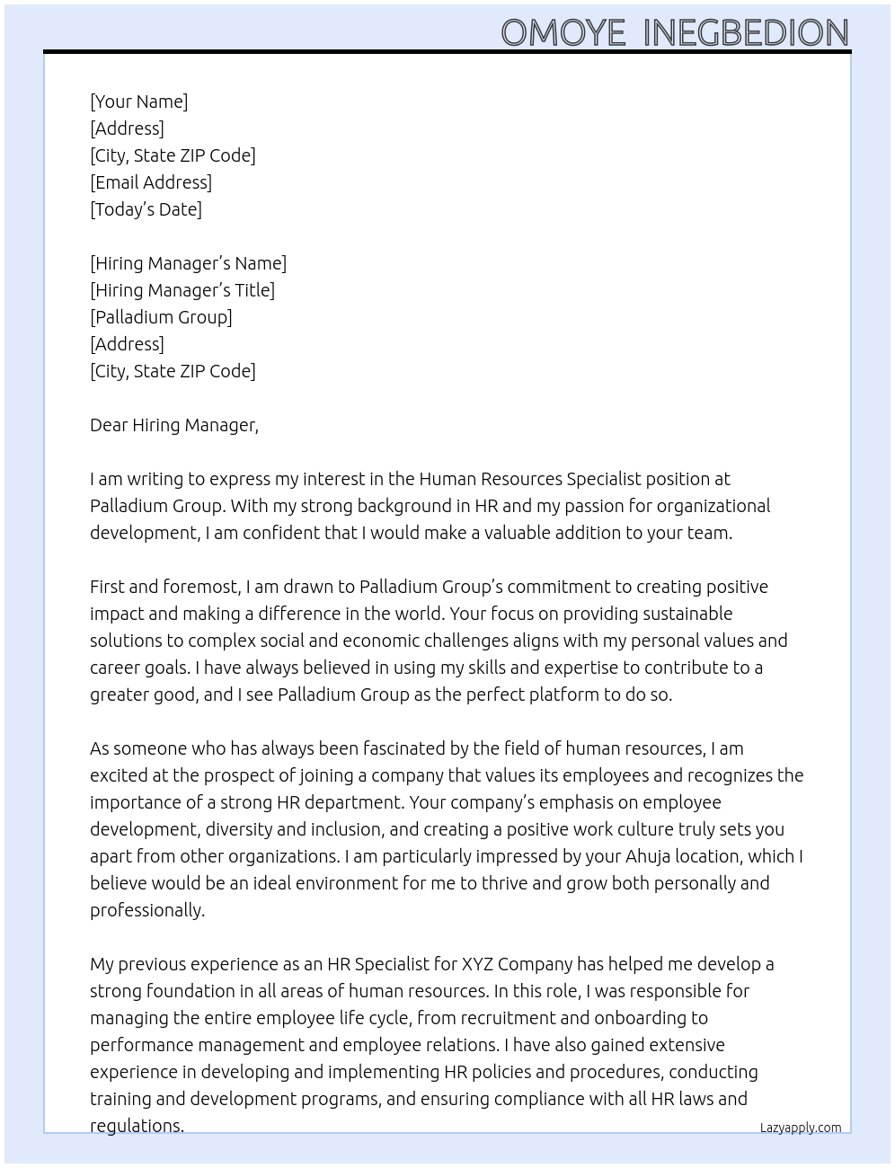 Human Resources Specialist At Palladium Group Cover Letter