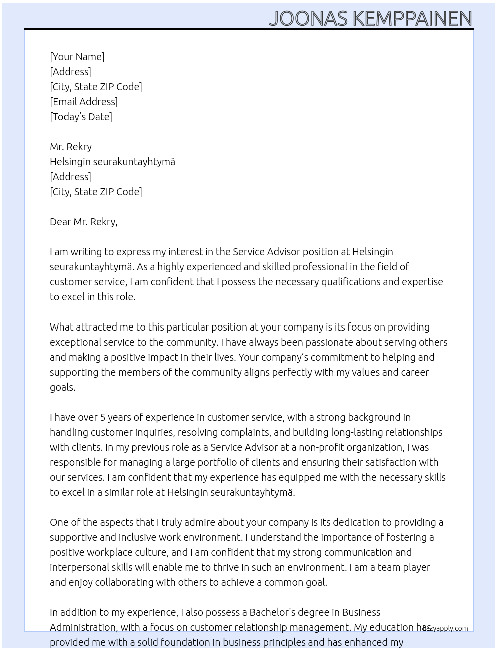 Service Advisor At Helsingin seurakuntayhtymä Cover Letter