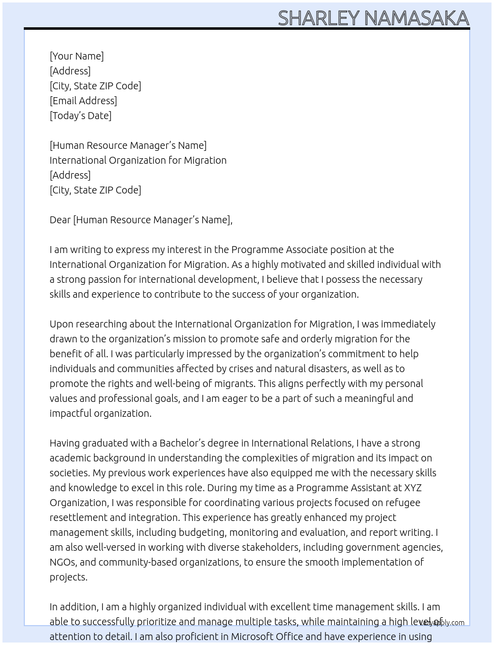 Programme Associate At International Organization for Migration Cover Letter