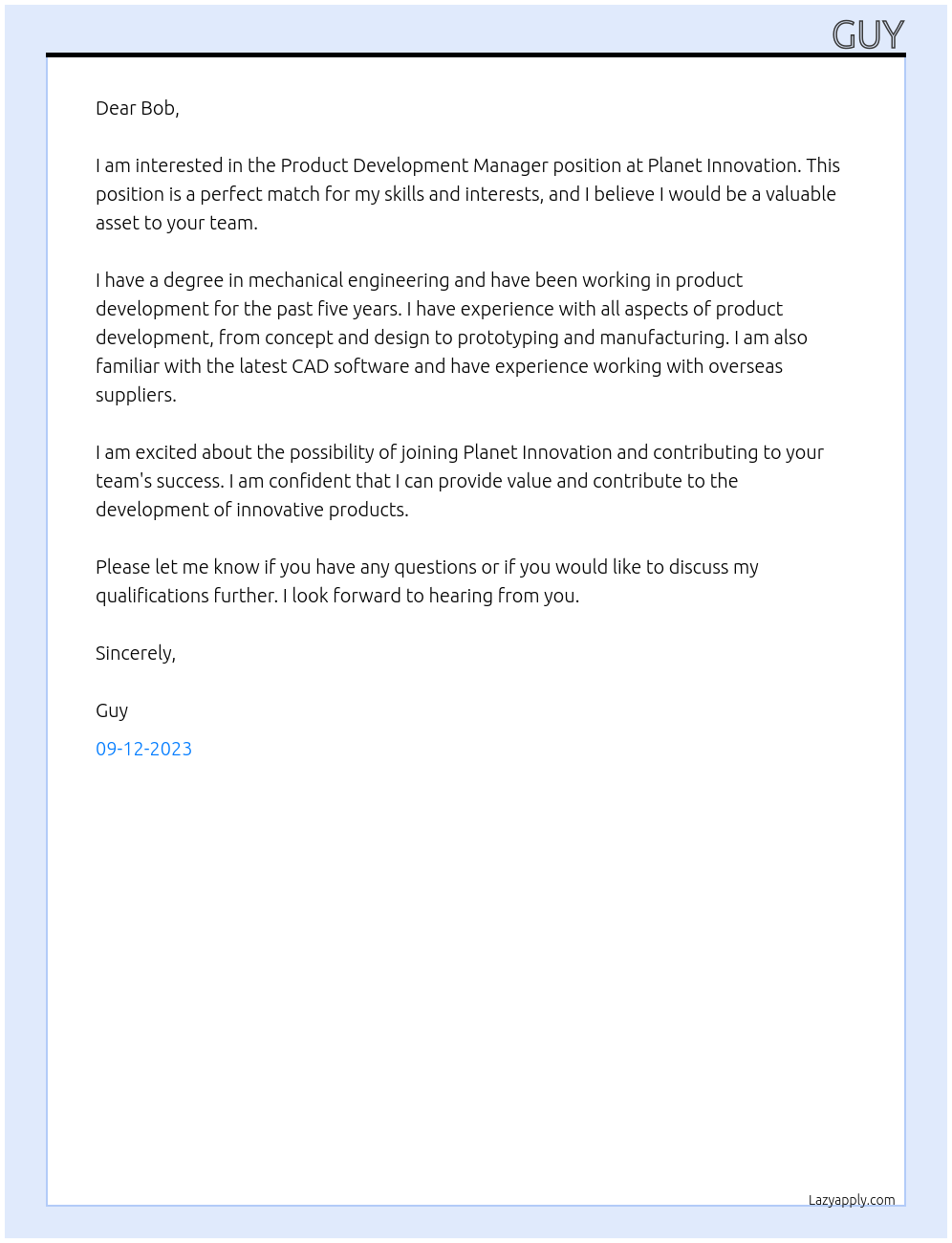 Product development manager At Planet Innovation Cover Letter