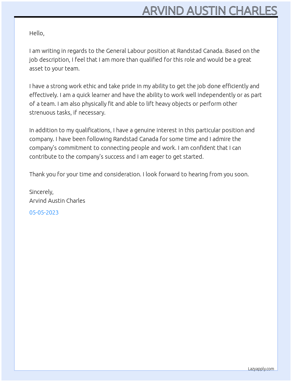 General Labour At :Randstad Canada Cover Letter