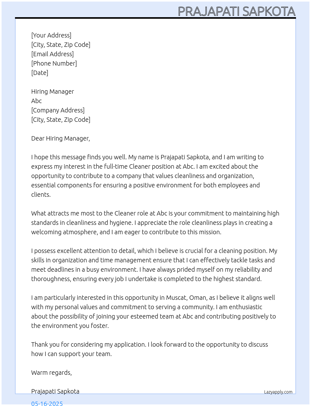 Cleaner At Abc Cover Letter